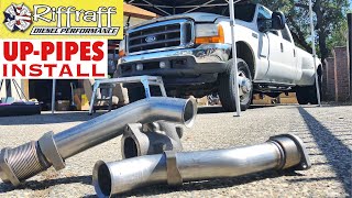 2001 F350 73  RiffRaff UpPipes Install  Stock up pipes leaking and falling apart JUNK SP [upl. by Elon]